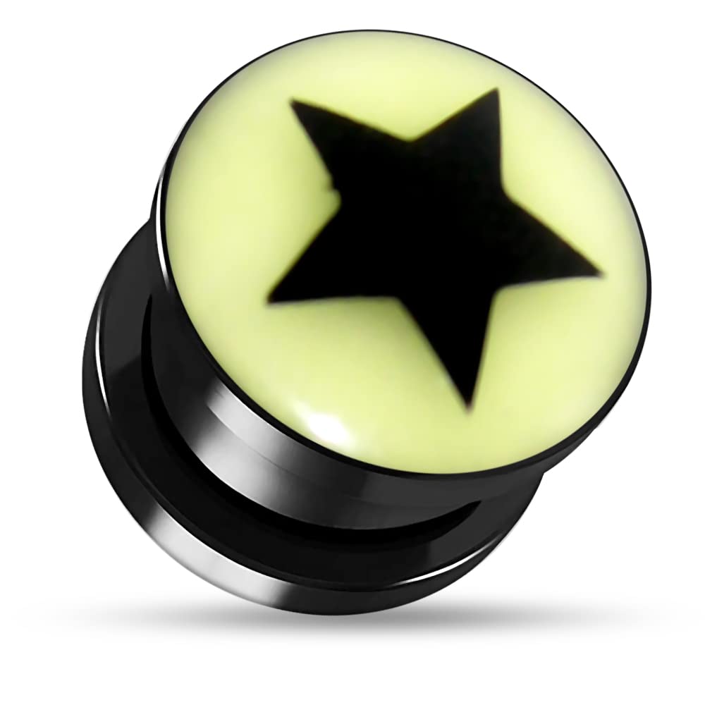 Star Glow in The Dark Logo on Black UV Ear Flesh Tunnel - Sold by Piece