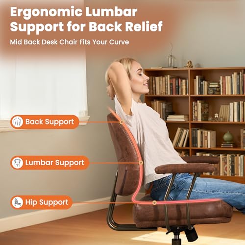 Image of Brown Leather Home Office Chair, Mid Back Ergonomic Desk Chair with Lumbar Support, Mid Century Modern Deep Seat Swivel Rocking Computer Chair, Dark Brown Suede