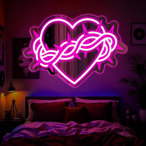 Image of Thorns Heart Neon Mirror Sign, Gothic LED Neon Sign Wall Decor USB Powered Dimmable Light for Bedroom Bathroom, Neon Signs for Wall Decor Gothic Gift 13.97 inch x 9.78 inch