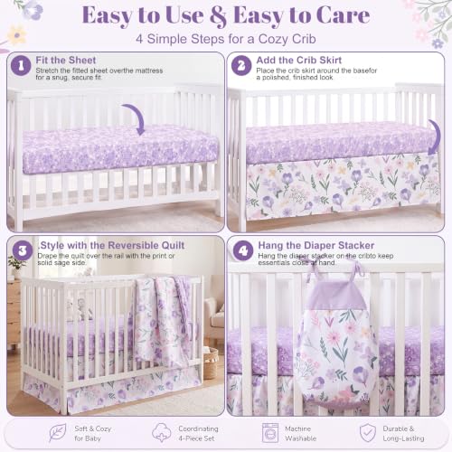Image of Hahafelt 4 Pieces Crib Bedding Set for Girls and Boys, Purple Floral