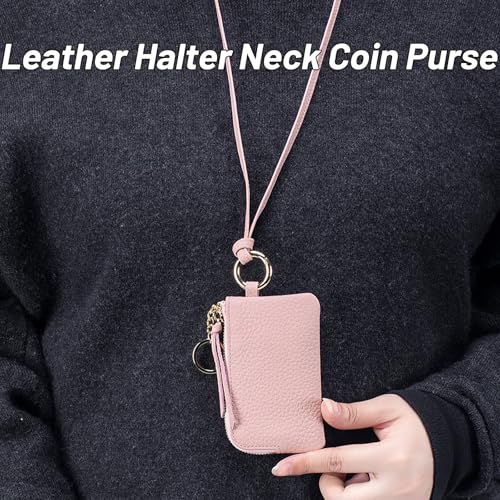 Genuine Leather Coin Purse with Neck Lanyard,Small Lanyard Wallet for Women Men,Traval Neck Wallet With Zipper,Card,Coin,Cash (Pink)2