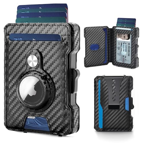AirTag Wallet for Men, RFID Blocking Slim Mens Wallet with Money Clip, Minimalist Credit Card Holder for Apple Air Tag, Pop Up Card,9-11Cards Capacity | ID Window | Cash Slot | Gift Box（Black）