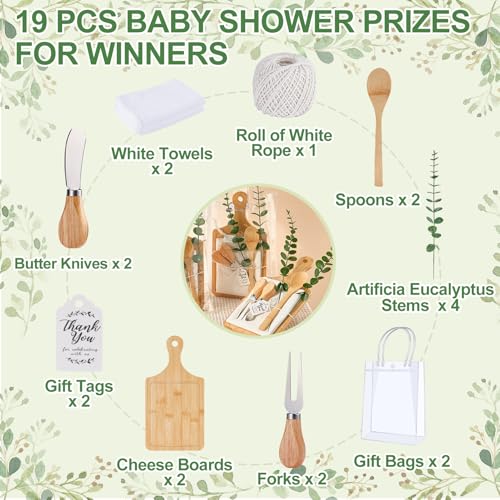 Baby Shower Prizes for Game Winners Bamboo Cheese Board Spoon Fork Butter Spreaders Plaid Towel Thank You Card and Gift Bags for Baby Shower Wedding Bridal Shower Favors (Bamboo, 2 Sets)