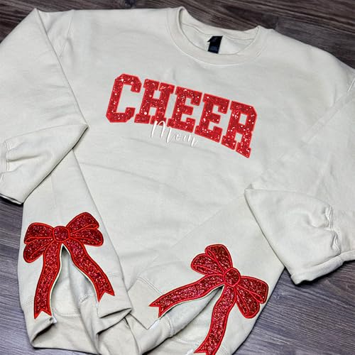 SHAANT Personalized Christmas Embroidered Glitter Sweatshirt, Mom Cheer Sweatshirt for Women, Cheer Mom Hoodie, Cheer mom long sleeve shirt, Side Bow Appliqué Sweatshirt Embroidery3