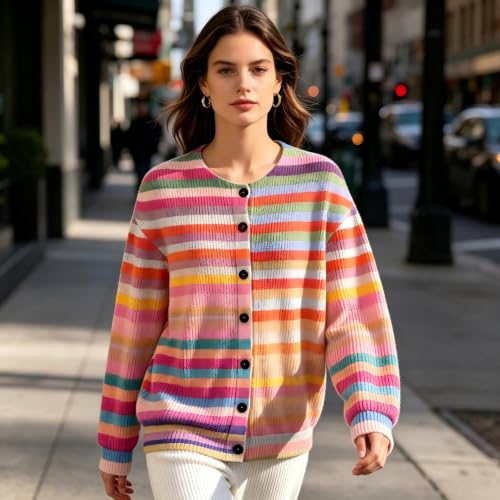 Striped Cardigans For Women Crew Neck Button Down Oversized Knitted Sweater - image 2
