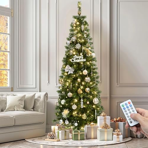 YITAHOME Pre-Lit Artificial Pencil Christmas Tree 6 FT with Remote, Fraser Fir, Slim Green Christmas...