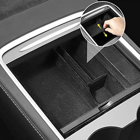 XTAUTO Center Console Organizer Tray Fit for 2021 2022 2023 Tesla Model 3/Y Armrest Storage Box Cubby Drawer Container Tesla Model 3 Model Y Accessories Interior Parts ABS Material Flocked Liner Cover