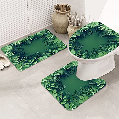 Badematte Badvorleger Set 3-tlg. Teppich, Dschungel 3D Render digitale tropische Blätter Monstera Palm Green Origami…