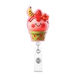 Cute Summer Badge Holder Ice Cream Red Strawberry Designs Id Card Holder Retractable Clip Lanyard Reel Badge Rotating Crocodile Clip Reusable Waterproof for Student Doctors Nurses