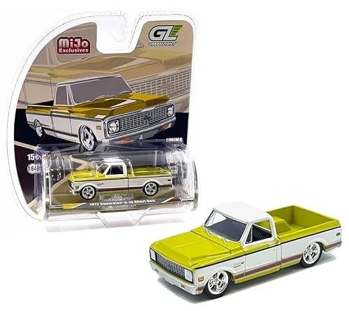 Diecast Model Car Compatible with Greenlight 1:64 1972 Chevy C-10 Short Bed Custom Pick Up Truck Mustard Yellow with White Two-Tone Limited Edition GL-1352002