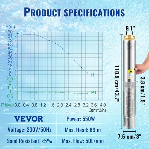Vevor Pompa D'acqua Sommergibile 550W Flusso 50L/Min In Acciaio Inox, Per Pozzi Profondi 230V Prevalenza Max. 89M, Con Interruttore Di Pressione - 8