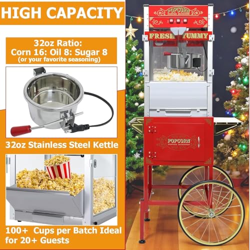 Image of Commercial Popcorn Machine with Cart & Wheels - Popcorn Maker with 26OZ Stainless Steel Kettle, Pop corn Machine Maker for Home, Parties, Movie Theater, Red