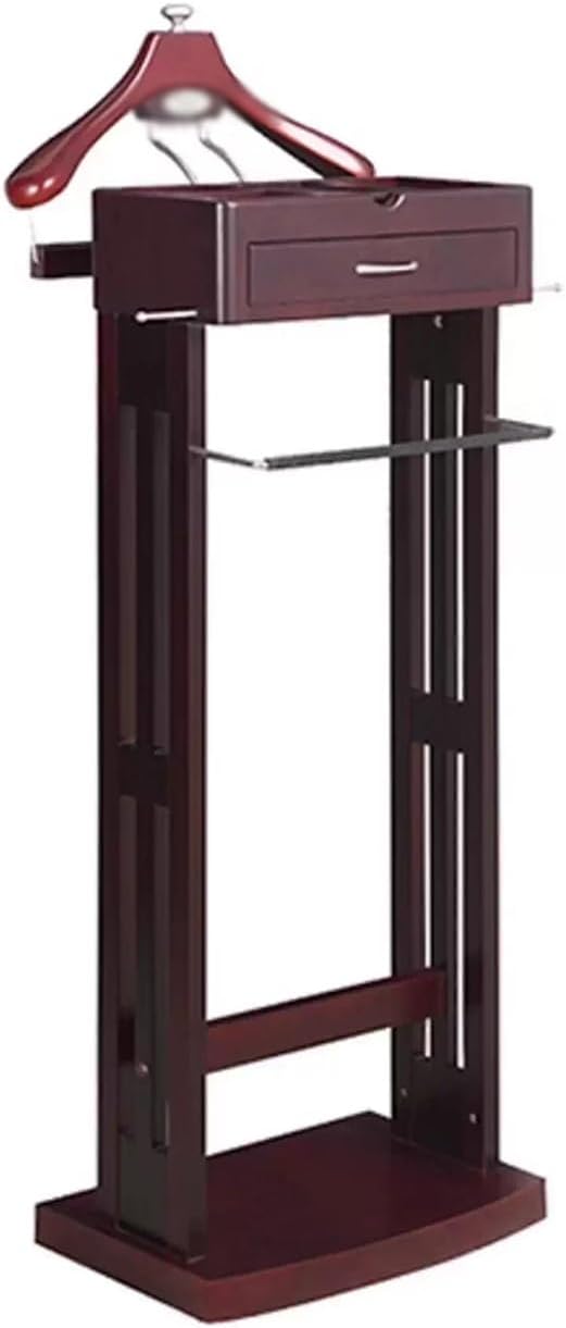 Wooden Suit Valet Stand with Drawer Freestanding Clothes Rack for Bedroom Entryway Living Room Hotel Office