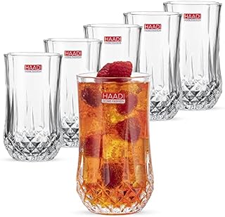 HAADI Drinking Glasses Set of 6 Crystal Clear Tall Water Glass Tumbler Highball Cocktail Glasses for Wine, Whiskey, Juice ,Gin and Other Beverages -350ml