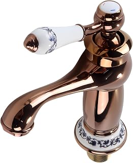 Sarini Grifo mezclador retro para lavabo de baño, grifo mezclador victoriano de lujo con mango de cerámica floral, grifo monomando vintage para lavabo (oro rosa)