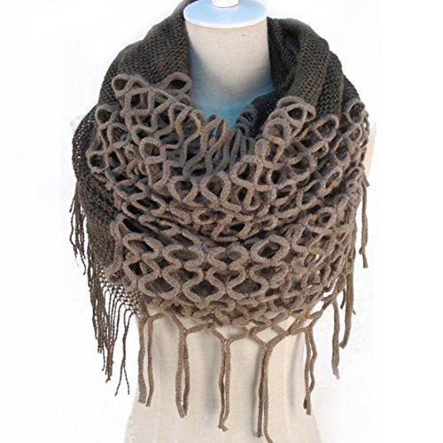 Women Winter Warm Crochet Knit Long Tassels Soft Wrap Shawl Scarves Scarf Two Styles Infinity and Straight (Khaki)