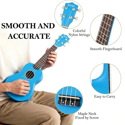 Image of Everjoys Soprano Ukulele Beginner Kit 21 Inch w /Free Online Lesson Gig Bag Tuner Picks Strap, Fast to Learn (Blue)