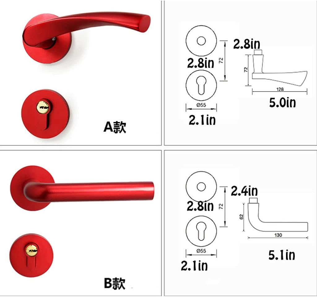 Door Knob Lever Red Mute Door Lock Door Levers Door Handle with Key/Without Key for Bedroom Study Bathroom Door Lock with Handle (Color : A red Without Key)