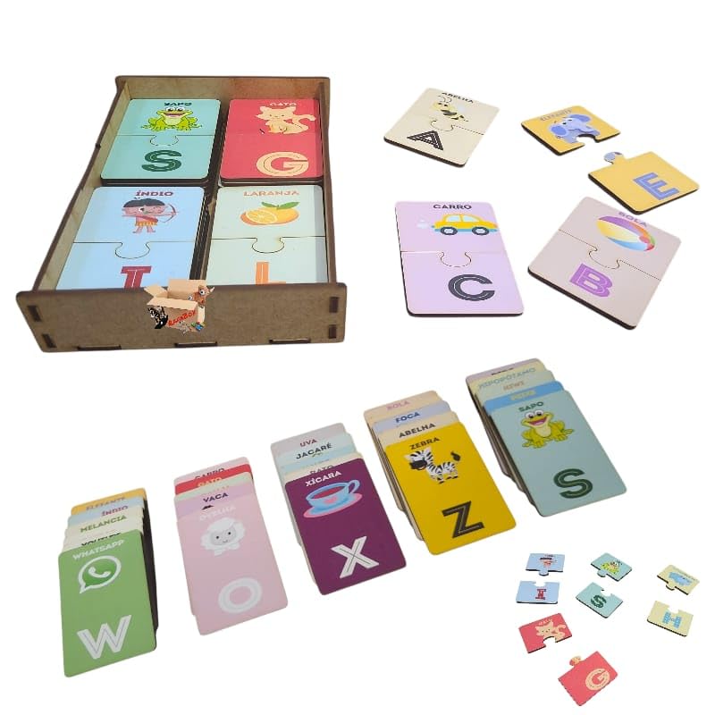 Brinquedo Pedagógico Em Madeira Estojo Quebra Cabeça Infantil Alfabeto Ilustrado