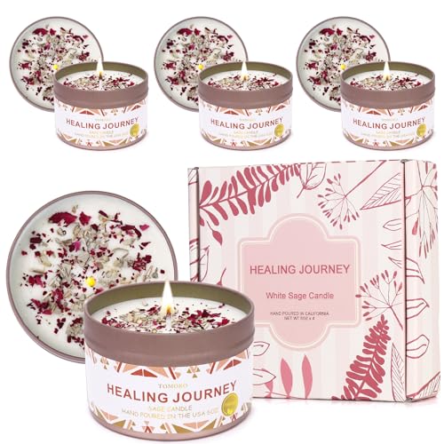 White Sage Candle 4 Pack, 220 Hours Burn Time, Sage Leaf, Rose & Essential Oil, Healing Journey Candle