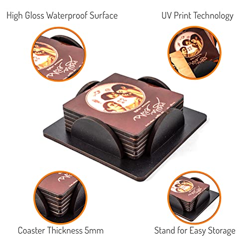 Image of Windup MDF Wooden Printed Coasters Set with Coaster Stand (High-Gloss /Waterproof - 3.5x3.5 inches, Set of 6) - Style: Satyajit Ray Movie Posters