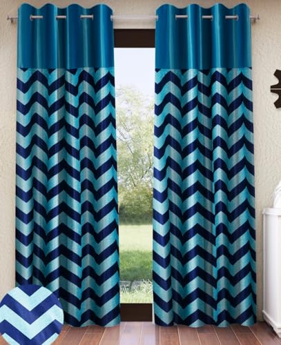 Image of Home Sizzler 2 Pieces Solid Patch Zigzag Print Eyelet Polyester Door Curtain - 7 Feet, Aqua