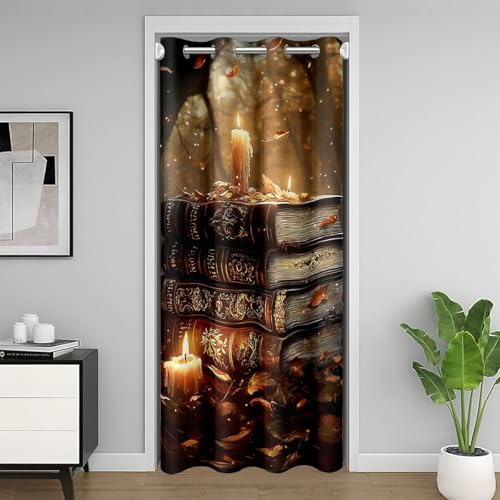 meiyoeat Vintage Books Door Curtain for Doorway Privacy for 42x84 Inch 1 Panel Kids Candle Leaves Closet Door Cover Boy Girl Teen Fall Tree Darkening Curtain Washable Autumn