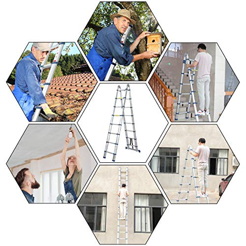 16.5 Ft Telescoping Ladder, Extension Ladder, A-Frame Portable Folding Ladder Aluminium Lightweight 330lb Load Capacity with Support Bar Anti-Slip