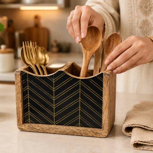 Image of The Earth Store Wooden Chevrona Cutlery Holder 2 Division | 6 Inch Black & Brown Cutlery Organizer | Spoon & Utensil Holder for Kitchen Counter, Dining Table & Table Top Use