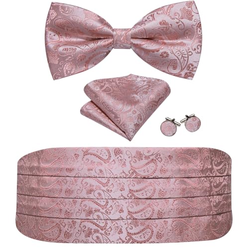 Image of YOHOWA Men Cummerbund Bow Tie Set Silk Paisley Formal Pre-Tied Bowtie Pocket Square Cufflinks Wedding Party Prom