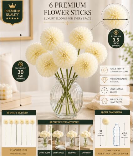 Image of Divyakosh Artificial Hydrangea Flower Sticks for Vase (Vase Not Included), Pack of 6, 3.5 Inch (8.9 cm) Large Bloom, White Artificial Flowers for Home Decor, Decorative Artificial Dahlia Flowers