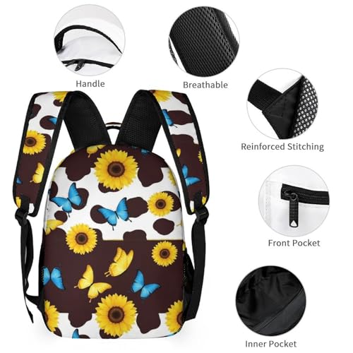 Backpack Lightweight Butterfly Sunflower Cow Print Bookbag with Lunch Box Storage Bags Backpack Set Daypack with Lunch Bag and Cosmetic Bag3