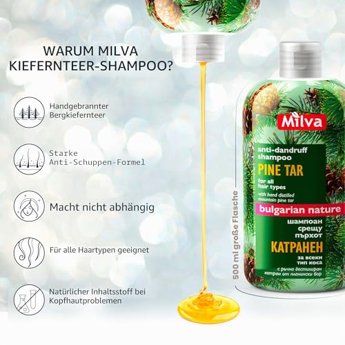 Milva Kiefer-Teer Shampoo gegen Seborrhoische Dermatitis – 500 ml Natürliches Anti-Schuppen Shampoo – Psoriasis Shampoo – Pflege für trockene, juckende und schuppige Kopfhaut