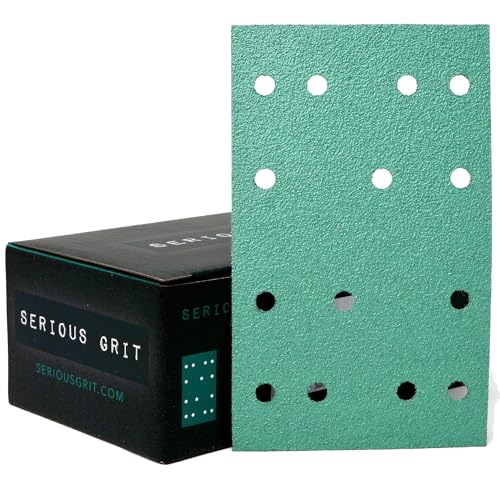 Image of Serious Grit - 3 inch x 5 inch (80x133mm) 14-Hole P80 Grit Sandpaper - 50 Pack Box | Fits Festool RTS 400 & Mirka DEOS 353 - Heavy-Duty Hook & Loop Wet /Dry Film Sanding Sheets for Doors, Cabinetry, Paint, etc