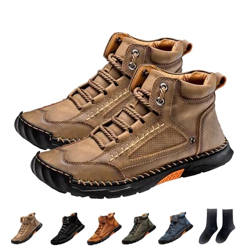Sawbehind Men's Comfortable Handmade Leather Boots,Waterproof, Arch Support, Spacious Toe Box Outdoor Leather Shoes (10.5,Khaki)
