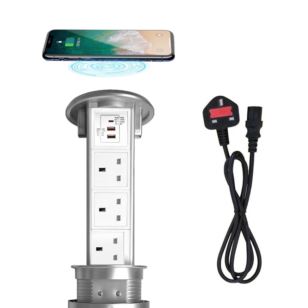 ZESHAN Waterproof pop up socket kitchen worktop with wireless charger,3 AC Power sockets and 2 USB and 1 USB C Fast Charging Ports Suitable for Home/Office Conference Table(Silver)