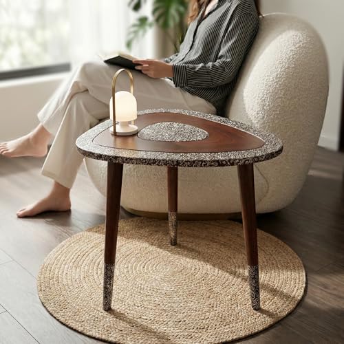 Image of Arvix Store Wooden Coffee Table with Engineered Wood Top- Solid Mango Wood Legs & Antique Aluminium Design- Perfect for Living Room & Home and Office Decor (Triangle)