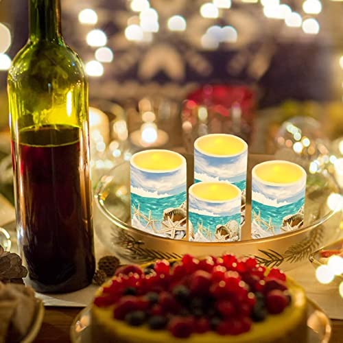 Image of LED Flickering Candles Battery Operated Candles Set of 4 with Remote Control Timer Dancing Flame Pillar Candles Home Table Coastal Decoration, Beach Sky with Starfish