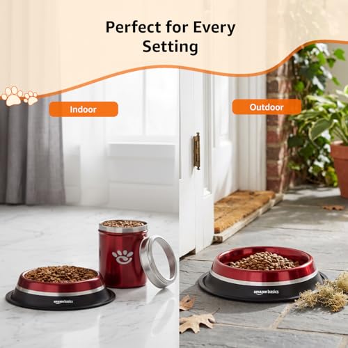 Image of Amazon Basics Stainless Steel Pet Feeding Bowls for Dog & Cats | Anti Slip Base | 2 Pcs Set | Canister & Dog Bowl in Double tonned | Canister 1000 ml & Dog Bowl 900 ml