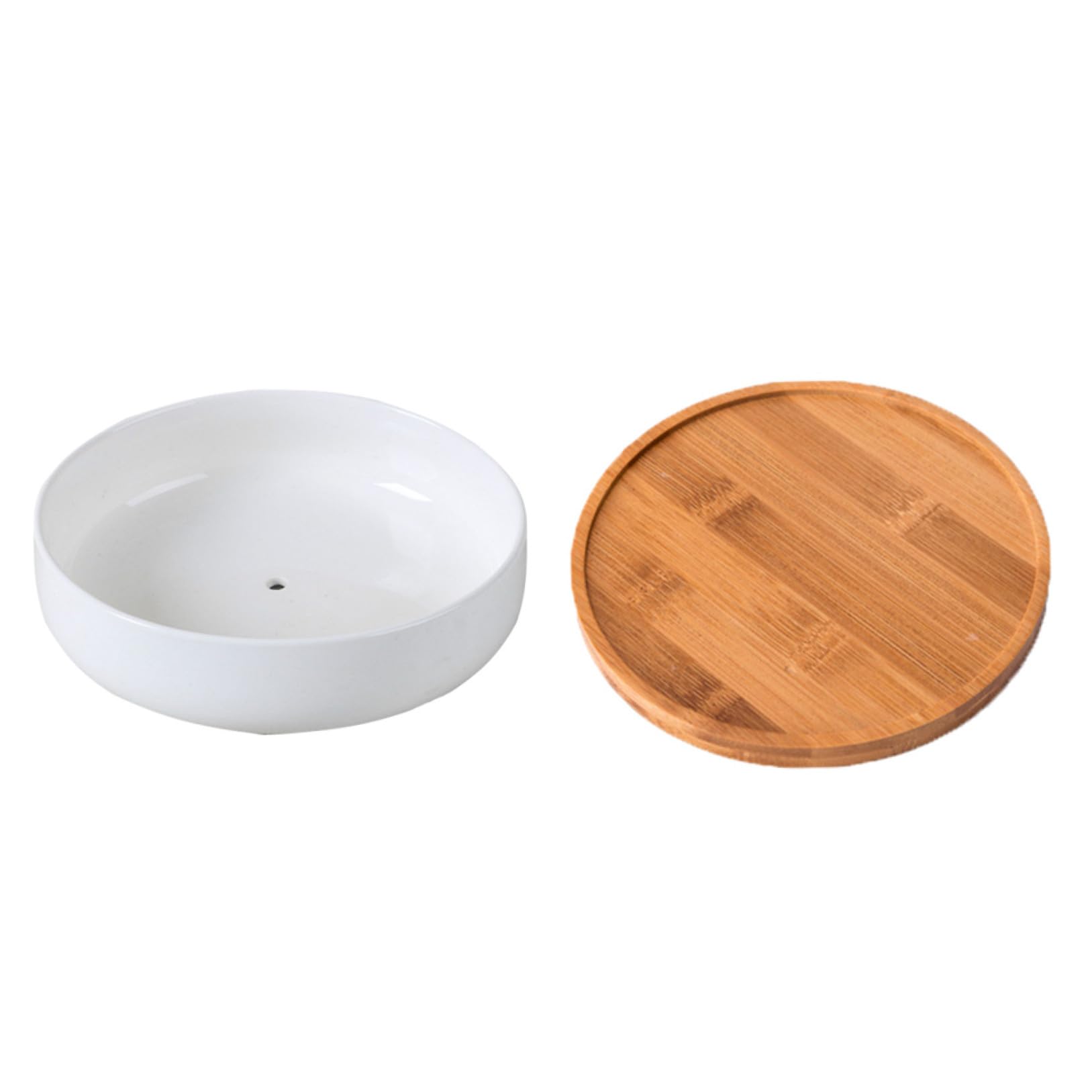 Pot de fleurs en céramique blanche 16 cm avec soucoupe en bambou pour plantes