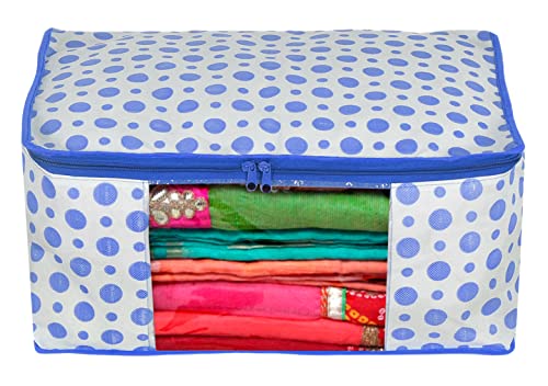 Image of Kuber Industries Dot Printed Foldable, Lightweight Non-Woven Saree Cover /Organizer With Tranasparent Window- Pack of 2 (Blue)-46KM0491