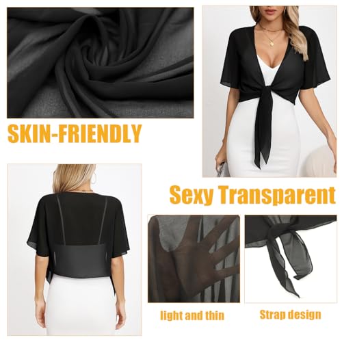 Image of SANNIDHI Shrugs for Women Stylish Summer Cropped Cardigan, Western Party Chiffon Front Tie Beach Wear Cover Up Fashion Black Shrug for Women Dress (Size L, Middle Sleeve)
