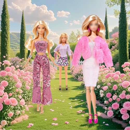 16 Stück Kleidung und Zubehör für 11,5 Zoll Puppen, Rosa Mantel Hahnentrittmuster-Kleid Lässiges Set Zufällige Auswahl von 3 Outfits 6 Schuhe 2 Handtaschen 1 Ohrringe 1 Armband für Mädchen Geschenk