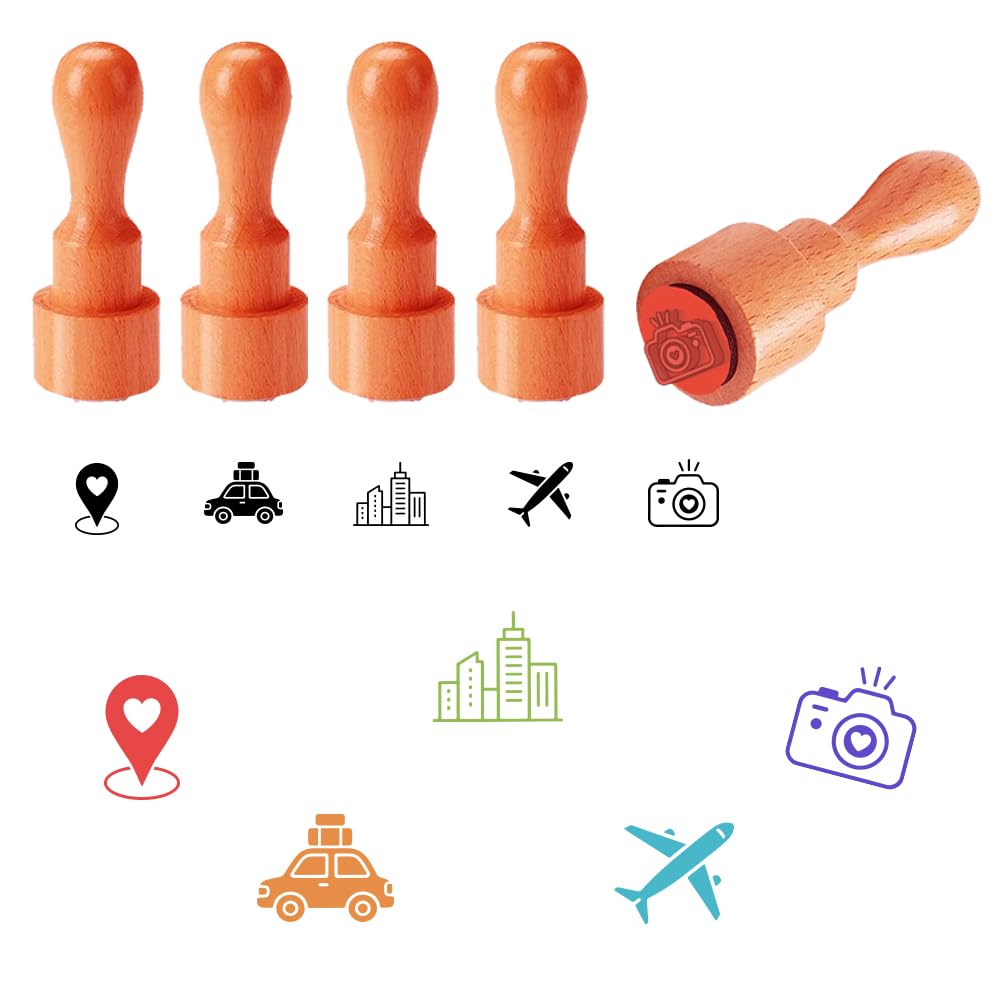 AHANDMAKER 5 Styles Travel Theme Wooden Rubber Stamp, Airplane, Camera, Location Patterns Round Rubber Stamp for DIY Making Scrapbooking Card Stamping Pottery Clay Crafting