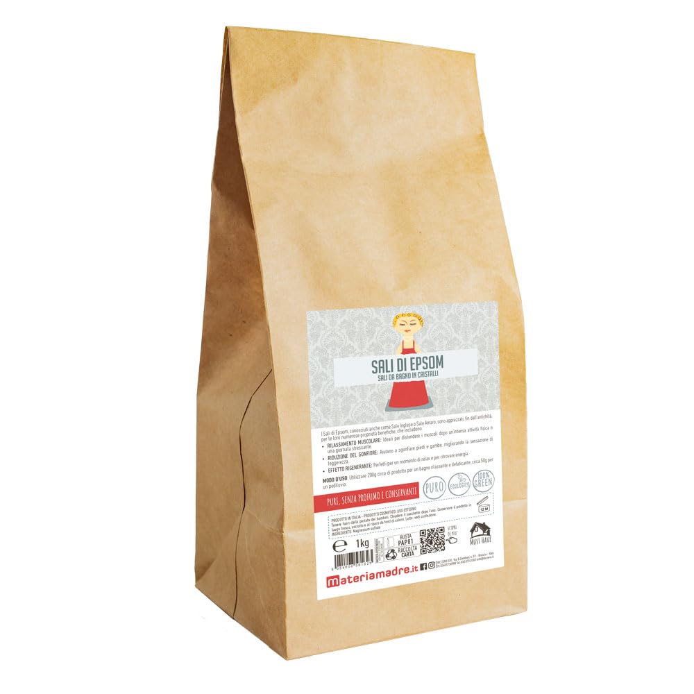 Magnesio solfato, Sali di Epsom, Sale Inglese - Busta 1kg Per bagno lenitivo e rilassante. Disintossicante - Pediluvio