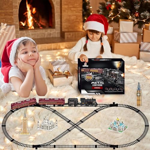 Image of Electric Train Sets for Kids Metal Alloy Christmas Train Toys Steam Locomotive, Glowing Passenger Carriages, Luxury Tracks, Light & Sounds Rechargeable Birthday Gifts for Boys Girls Red 