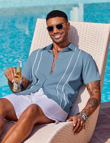 Image of COOFANDY Mens Cuban Guayabera Shirt Short Sleeve Button Down Shirts Summer Beach Vacation Shirts