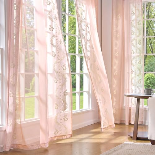 Image of jinchan Floral Sheer Curtains, Back Tab 50x96 Inch, 2 Panels Pink