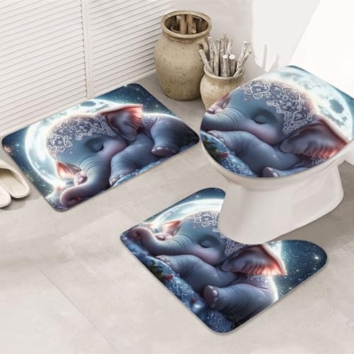 Juego de 3 alfombras de baño de elefante con funda para inodoro 2