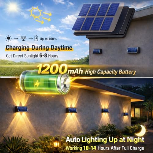 Image of Gesto 4W Solar Wall Lights Outdoor Waterproof IP65, Warm White Up & Down Wall Lamp with 1200mAh Battery, Auto ON /Off Dusk to Dawn, Exterior Light for Garden Fence Gate Patio Pathway Elevation Balcony